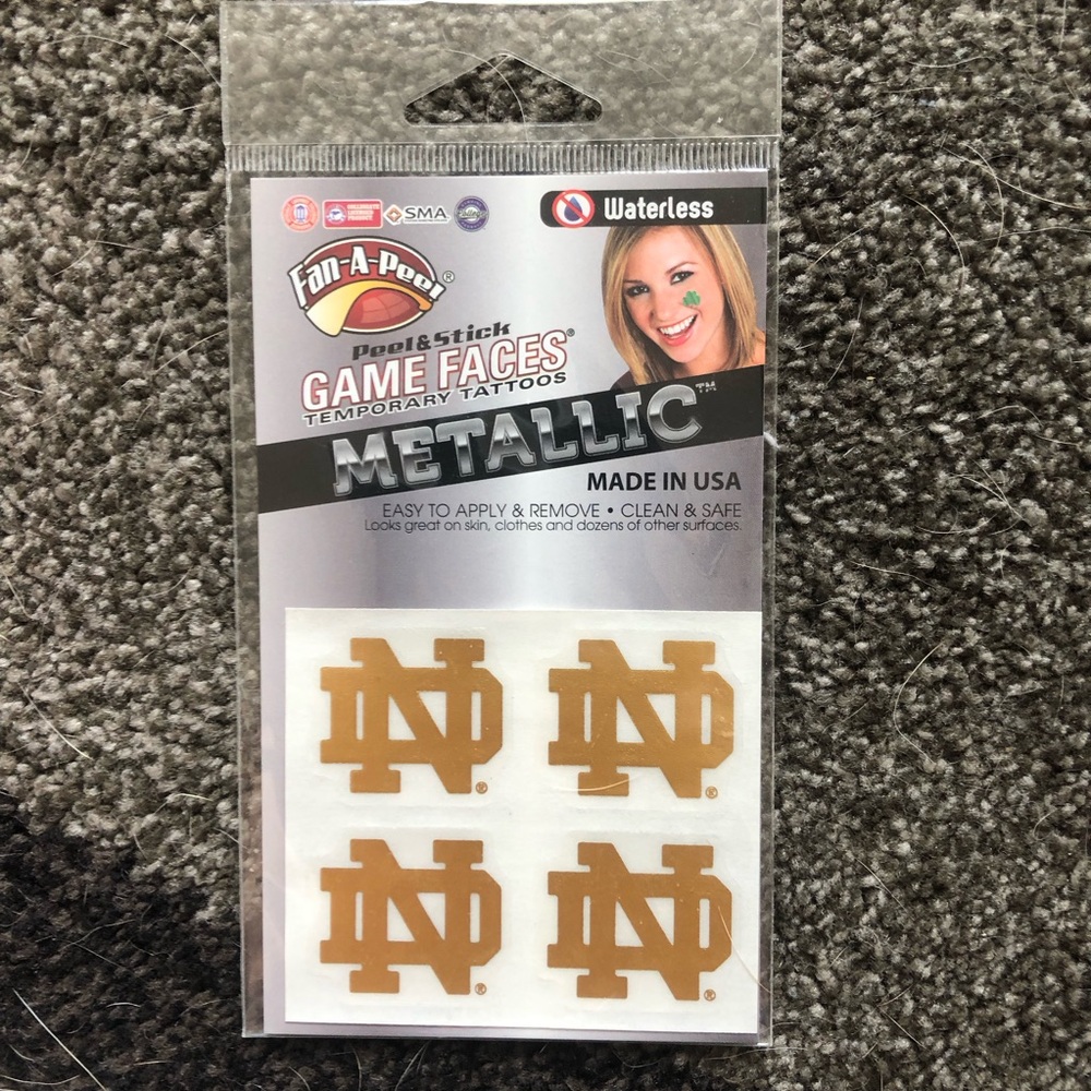 Notre dame gameday face tattoo sparkly shiny sticker— gold metallic logo